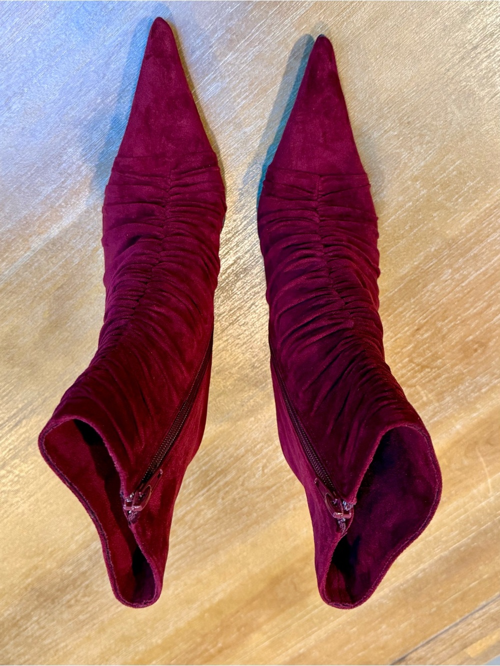 NWOB Jeffrey Campbell Let’s-Go Rouched Stiletto Ankle   Boot Wine Suede Sz 8.5 - Picture 2 of 11
